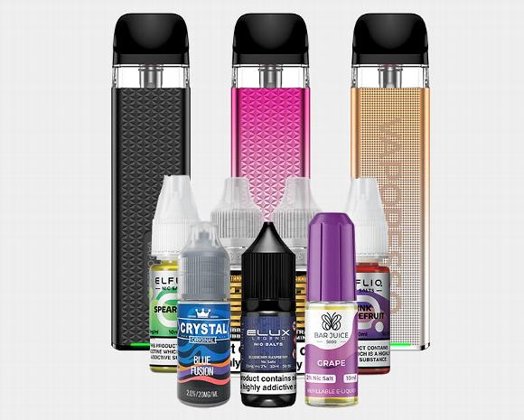 vaporesso vape kits in black, pink and gold with e-liqid selection